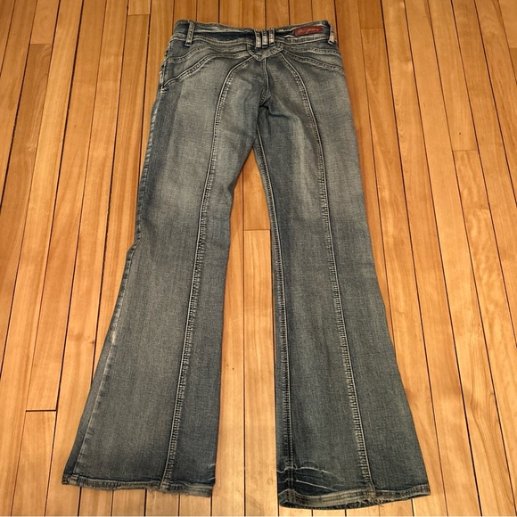 vtg Y2K Foxy Jeans Flaired Leg acid washed size 9 whiskers butons boho style - Picture 8 of 9